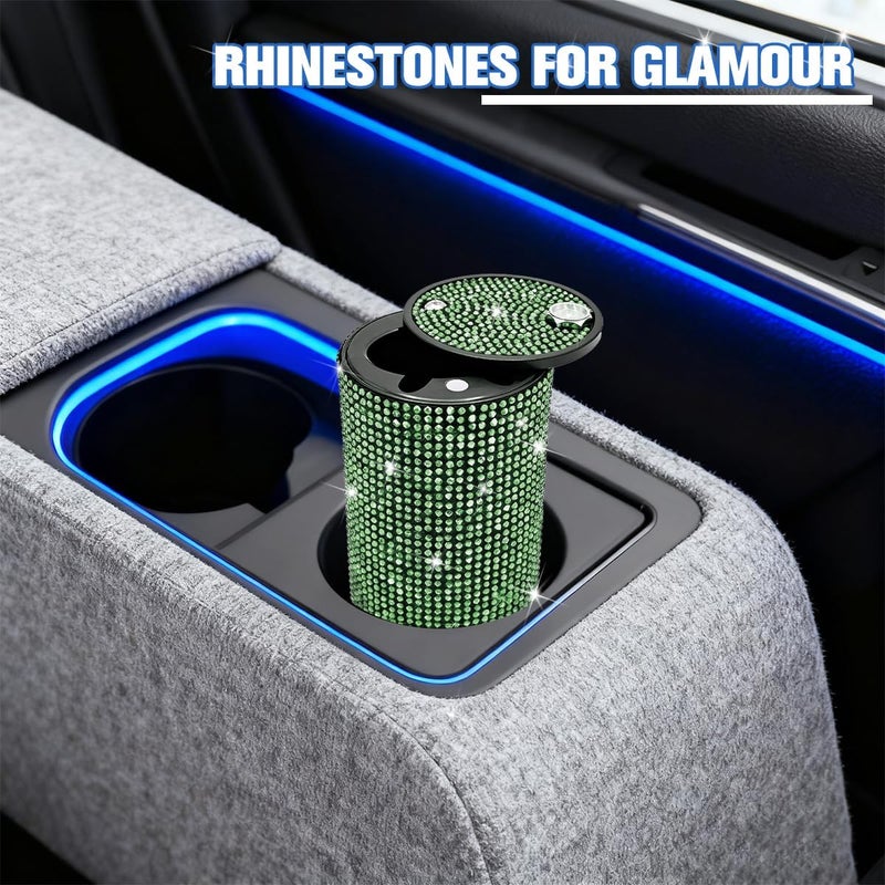 FALVFUN Bling Car Ashtray, Rhinestones Smokeless Smell Proof Vehicle Cup Holder Ash Tray with Lid, Sparkling Diamond Portable Automotive Interior Ashtray, Universal for SUV RV Truck (Green) - Image 5